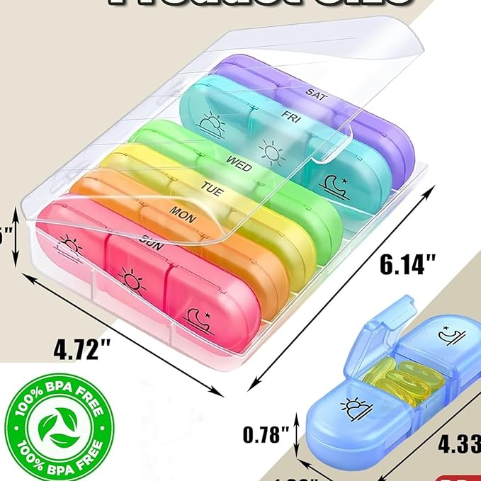 Weekly Pill Organizer 7 Day 3 Times, Portable Pill Organizer, BPA Free Pill Case, Travel Daily Pill Box Reminder, Medication Organizer for Vitamins, Supplements (Black+7 Color)
