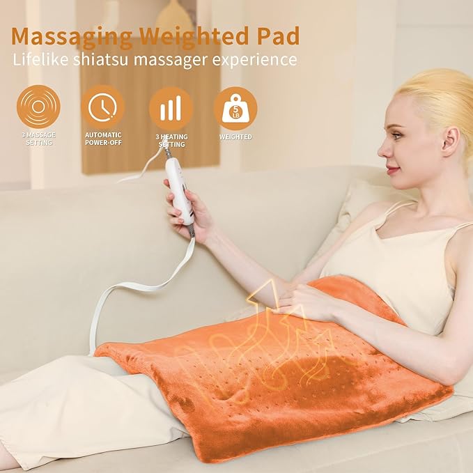 Massaging Weighted Heating Pad - Electric Heating Pad for Back Pain Relief with Massager, 3 Heat, 6 Massage, Auto Off, Extra Large Vibrating Heat Pad for Shoulder Neck (Pumpkin Yellow, 20"×24")