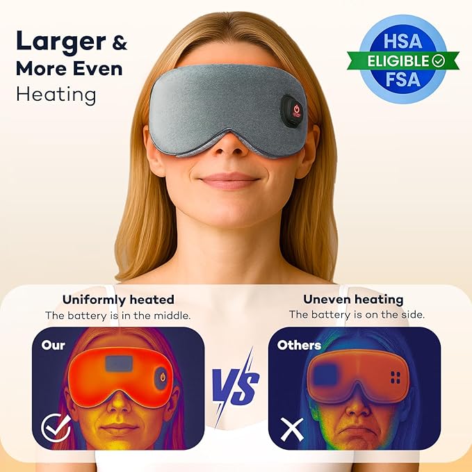 Ezona Cotton Cordless Heated Eye Mask, 2000mAh Warm Eye Compress Mask for Dry Eyes, Washable Eye Heating Pad for Travel, MGD,Blepharitis, Sinus Migraine with 10W Charger（Gray）