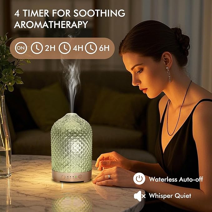 Essential Oil Diffuser 200ml-Ultrasonic Aroma Diffuser with 4 Timers, Aromatherapy Diffuser 7 Color LED Lights Auto Shut-Off Protection for Home Office (Diamond-Glass)