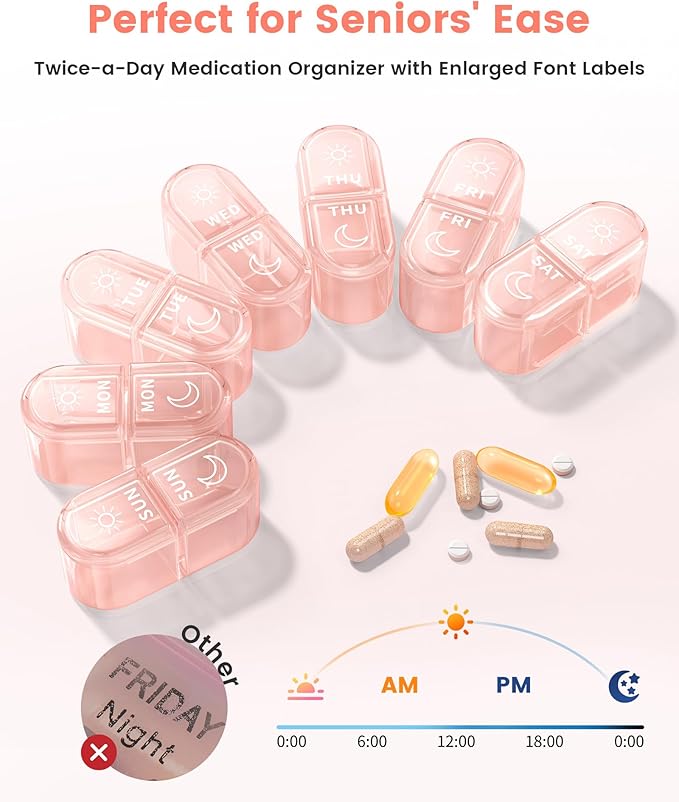 Weekly Pill Organizer 2 Times a Day, Daily AM PM Pill Box Case 7 Day with Large Openings for Easy to Use, Travel Medicine Container for Medication, Vitamins, Supplements - Pink