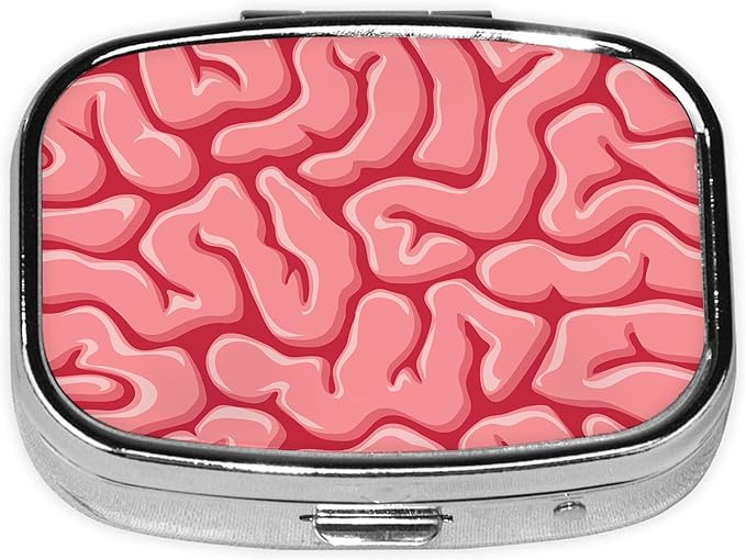 Pill Box-2 Compartment Small Pill Case Square Organizer Case with Mirror Portable Metal Medicine Box Travel Container for Pocket & Purse Women Men（Human Brains）
