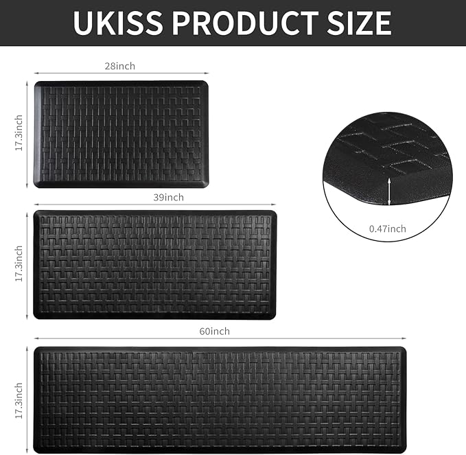 UKISS Kitchen Rugs ，Waterproof Kitchen Mats ，Cushioned Anti Fatigue Kitchen Mat for Floor, Non-Slip Comfort Foam Standing Mat for Kitchen, Floor Home, Office, Sink, Laundry (Black, 17.3"x28")