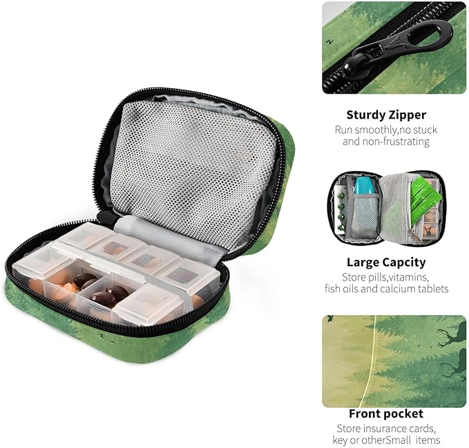 Gradient Yellow Green Deer Herd and Birds Travel Pill Organizer Case Box Container Weekly Portable Vitamin Medicine Holder Storage Bag with Zipper Removable