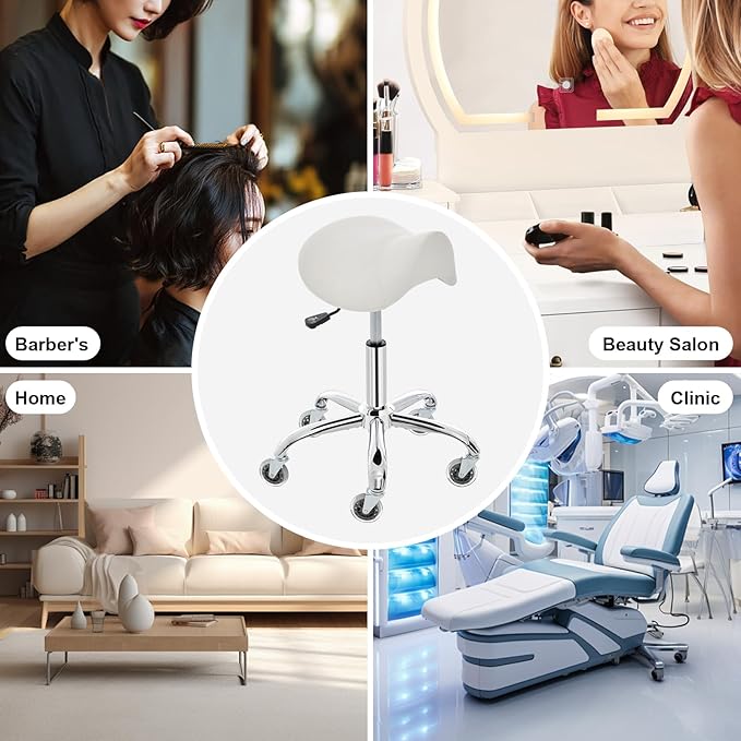 Saddle Stool, Ergonomic Saddle Chair with Wheels 450 LBS, Adjustable Height Swivel Salon Stool, Rolling Stool for Home Office Tattoo Massage Clinic Lab Beauty (White)