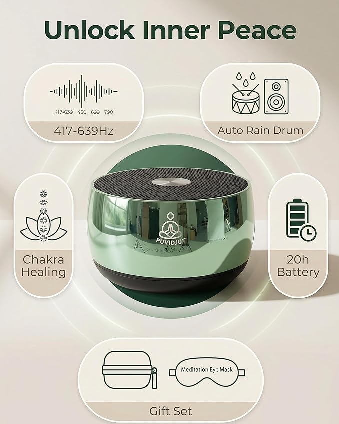 Rain Drum Alternative–PUVIDJUT M3 Musical Instruments with Meditation Chime,5 Solfeggio Frequencies (417-639Hz), for Inner Peace, Deep Sleep & Chakra Healing, USB-C Rechargeable (Green)