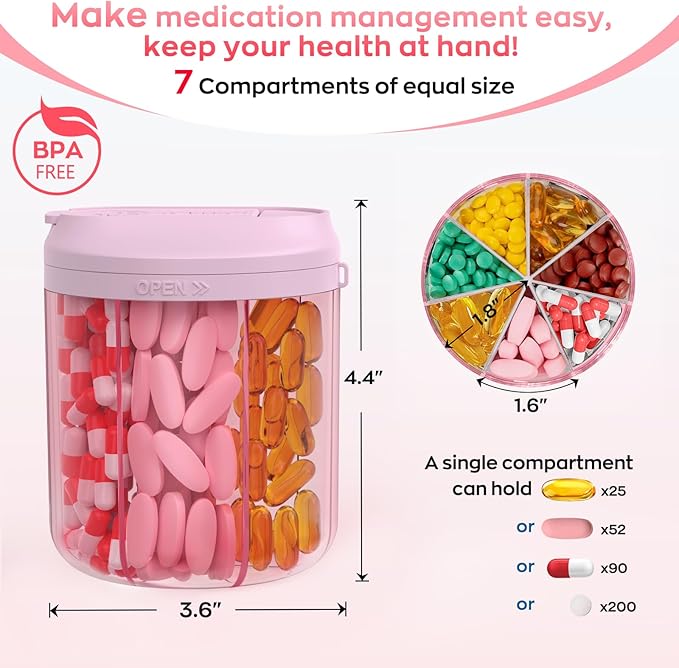 Pill Organizer with 7 Large Compartments, Pill Dispenser for Travel, Supplement Organizer with Anti-Mixing Design, BPA-Free Pill Container with 20 Pcs Labels, Pink
