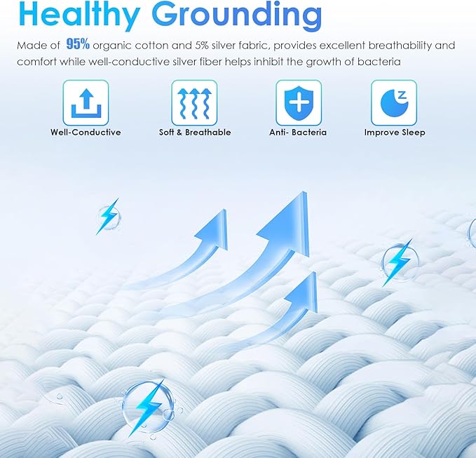 Grounding Sheets King Size, 95% Organic Cotton, 5% Silver Fabric, Fitted Earthing Sheets with Grounding Cord, Bed Grounding Kit Grounded Sheets for Improving Sleep