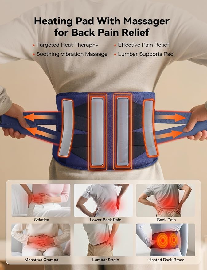 Cordless Heating Pad with Massager for Back Pain Relief, 47-60" Lower Back Massager Wearable Heating Pad for Cramps with 3 Heat & Timer, 4 Vibration, 5000mAh, Birthday Valentine's Gift for Men Women