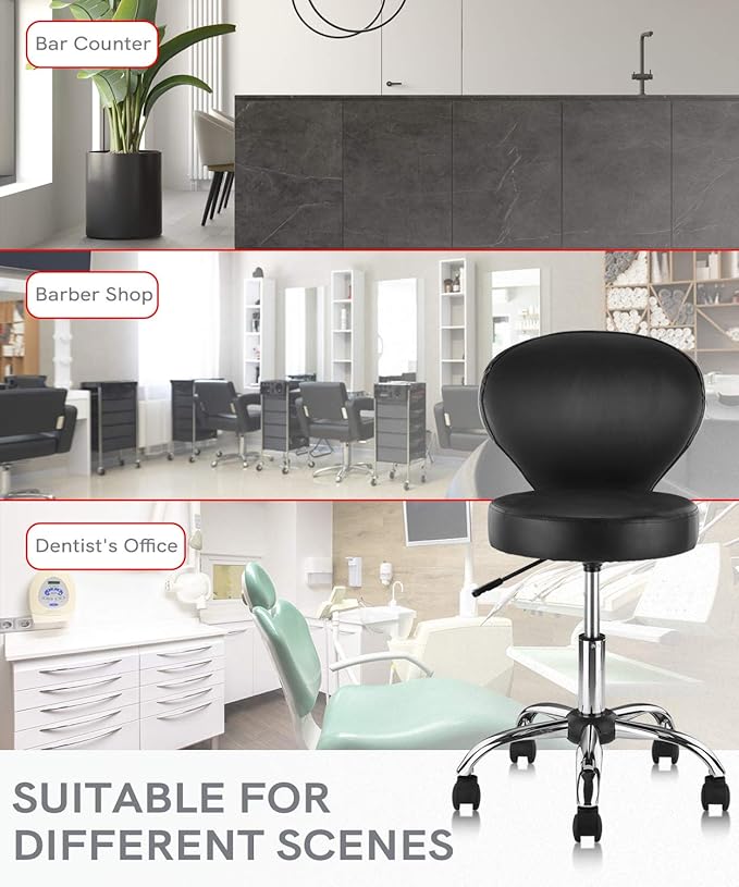 Adjustable Swivel Rolling Stool Chair with Backrest and Wheels, Multi-Purpose Office Desk Chair, Thick Seat Cushion for Home Bar Kitchen Shop, Black