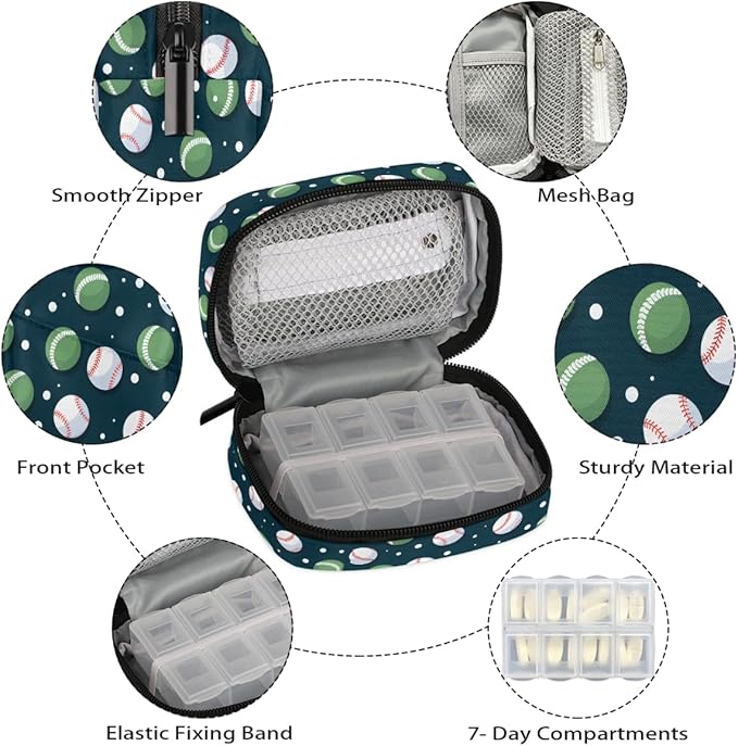 Sports Baseball Pill Case Everyday Travel, 7 Day Weekly Medicine Pill Box Compact Portable Pills Bottle Organizer with Zipper for Daily Vitamin Medicine Holder Bottle Organizers Bag