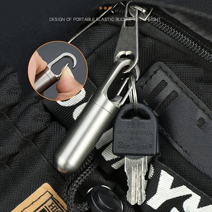 Keychain Pill Container Titanium, Pill Holder Travel Hide Portable Pill Case BPA Free, Waterproof Pill Fob Capsule, Small Pocket Size Pills Carrier for Outdoor Emergency First Aids