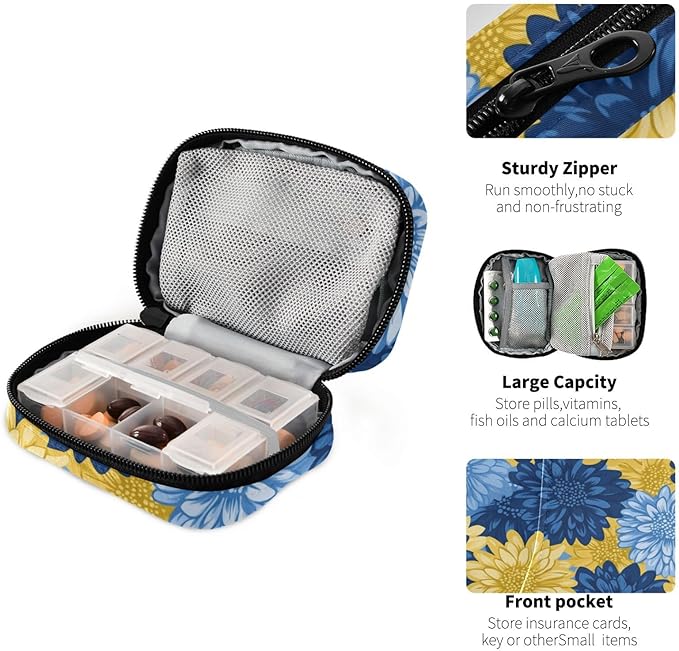 Travel Pill Case Chrysanthemum Flower Weekly Small Pill Box 7 Day Pill Box Pill Organizer Bag