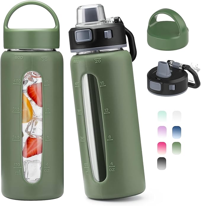 Kodrine 20oz Glass Water Bottle with Straw-2 Lids for Easy Carry with Handle, Silicone Sleeve & Time Marker, Reusable Glass Drinking Bottle for Home,Office,Outdoors, Cupholder Friendly-Olive