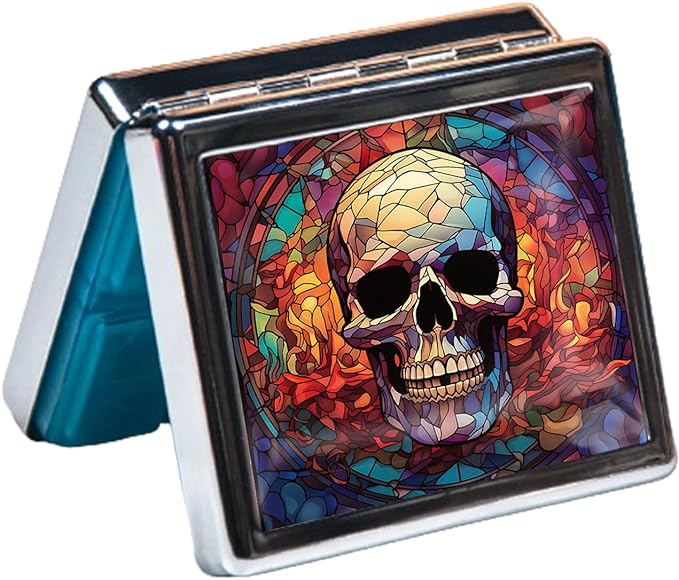 Silver Vintage Pill Box 7 Day Metal Pill Box with Mirror and 8 Compartments Cute Travel Pill Organizer for Purse (Stained Glass Colorful Skull)