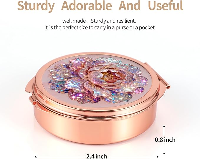 Dynippy Pill Case Pill Box with Mirror Pocket 3 Compartment Medicine Case Vitamin Pill Organizer for Pocket Purse and Travel (Round, Rose Gold-Glitter Rose)
