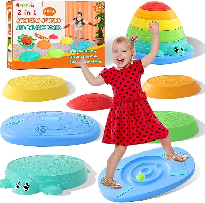 Balance Board & Stepping Stones for Kids - 2-in-1 No-Slip Turtle Stepping Stones and Balance Board for Toddler Balance & Obstacle Course, for 3 4 5 6 Year Old Kid Indoor & Outdoor Play