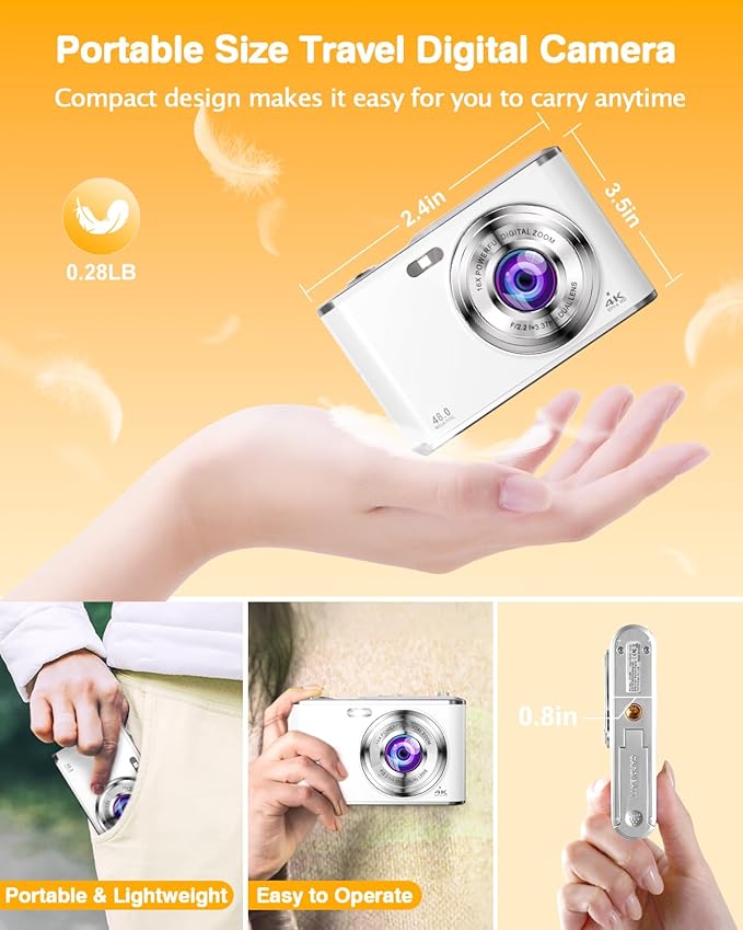 4K Digital Camera for Photography, 48MP Dual Cameras for Photography, 16X Digital Zoom Point and Shoot Cameras with 32GB Card & 2 Batteries Camera for Boys Girls Kids - White