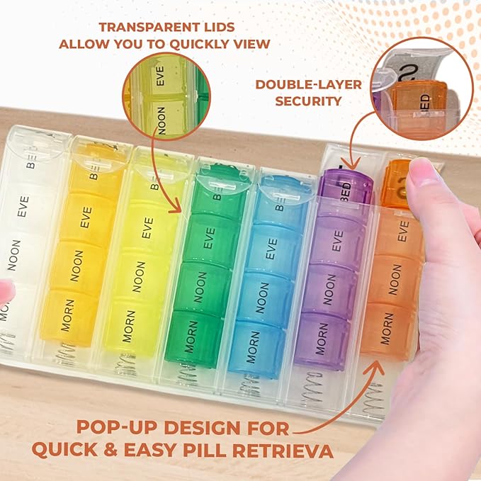 Pop Up Weekly Pill Organizer 4 Times A Day — Large Travel Pill Case w/ 28 Compartment to Hold Medication, Vitamin & Supplement — Daily Pill Box 7 Day — Moisture-Resistant Large Medicine Cases