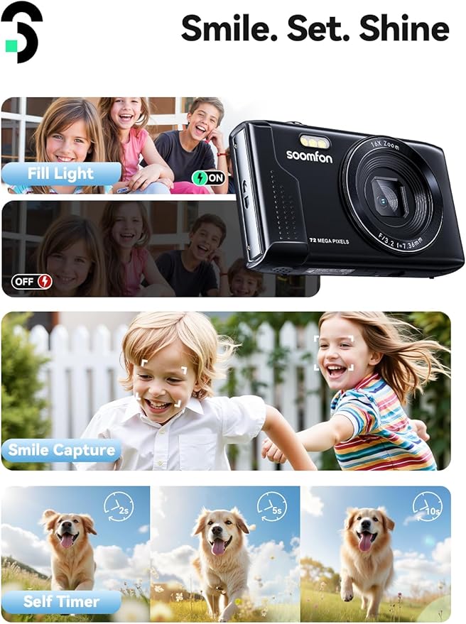 SOOMFON Digital Camera - Max 72MP Point and Shoot Kids Cameras with 16X Zoom, 32G TF Card, 2 Batteries and Card Reader, Compact Digital Camera for Kids Teens Beginners (Black)