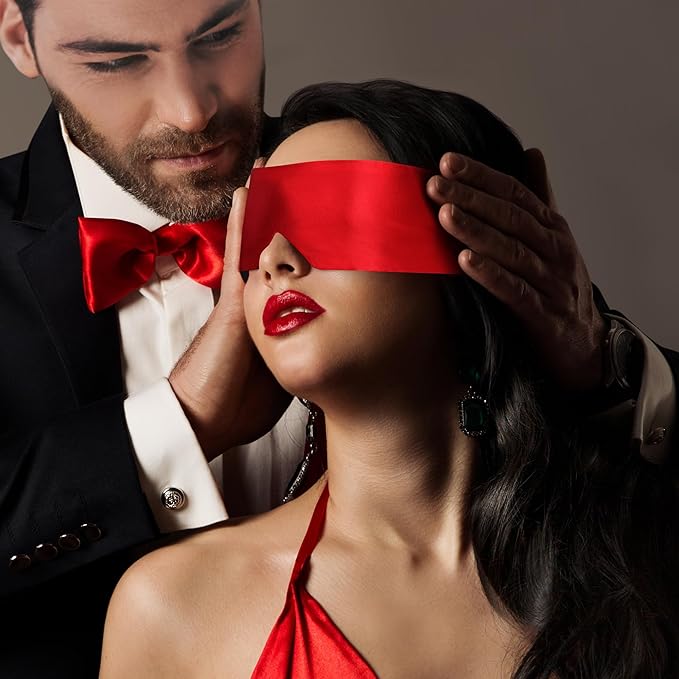 FRESHME 2pc Satin Sleep Mask - Lightweight Blindfold Eye Mask Cover for Women Men Couples Night Gift, Valentine's Day Gift Double Sides Dark Purple & Black+Red & Black 2pc Set