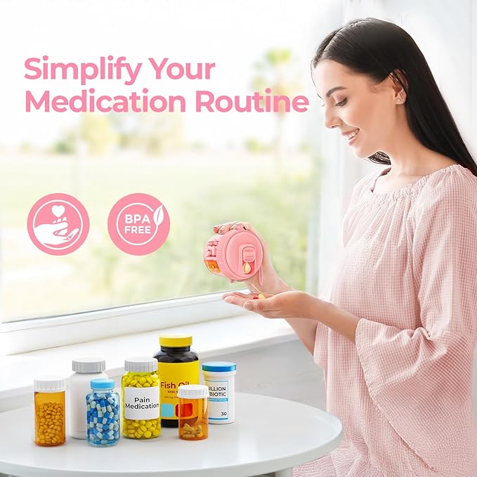AUVON Portable Pill Dispenser to Store 7 Various Supplements, Travel Pill Organizer Bottle with Anti-Mixing Design, Arthritis-Friendly Pill Container with Wide Opening & Slider Lid, 20 Blank Stickers