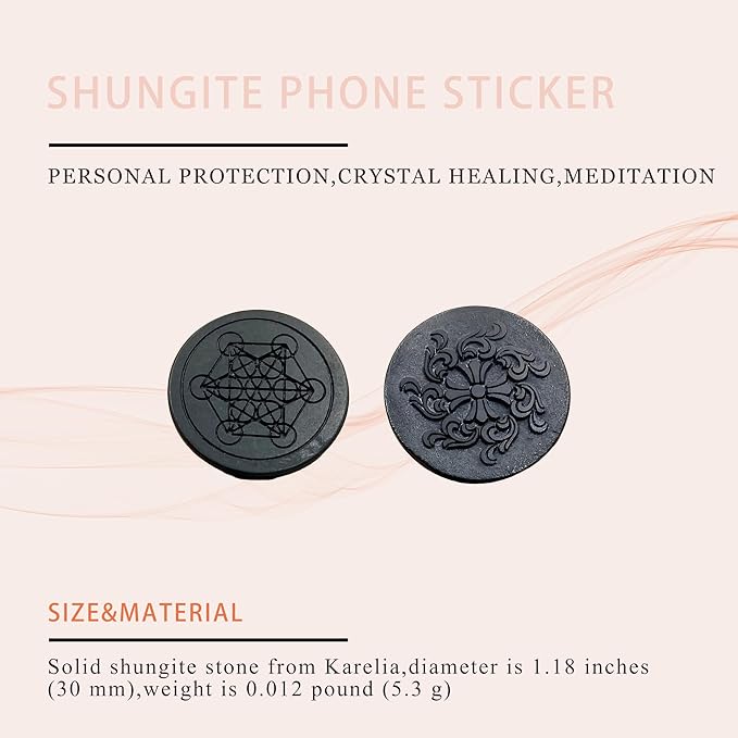 Gadget Protection Shungite Stickers for Cell Phone 2 pcs | Round Sticker Plates for Bad Vibes Blocking | Polished Shungite Stone Plates (Metatron & Cross Flower)