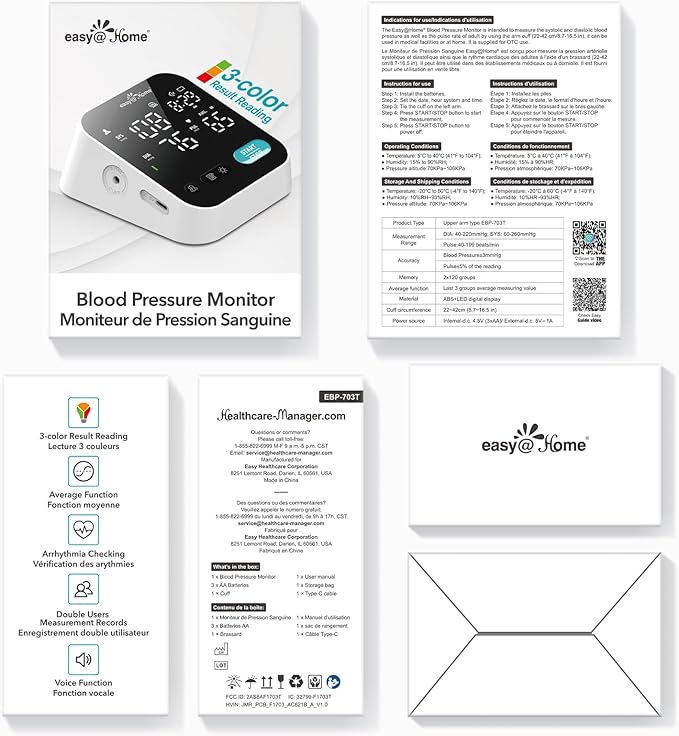 Blood Pressure Monitor for Home Use – Easy@Home Smart BP Machine with Free MyHeartPal App, Automatic Blood Pressure XL Cuff, LED Screen & Voice Function, Supports Apple & Android Devices | EBP-703T