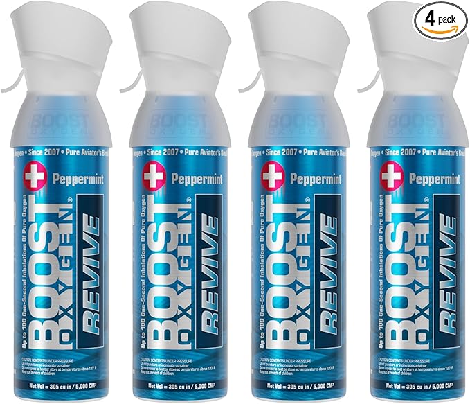 Boost Oxygen Medium Revive Peppermint Aroma 5L Canister | Respiratory Support for Aerobic Recovery, Altitude, Performance & Health (4 Pack)