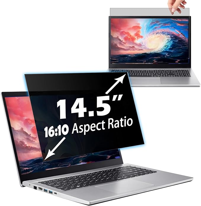 14.5 Inch Privacy Screen for Computer Monitor, 16:10 Anti-Spy Filter for Laptop & PC Display, Blue Light Blocking Anti-Glare Reversible Protector Film, Easy Slide-Mount Installation (14.5 Inch Widescreen(16:10))