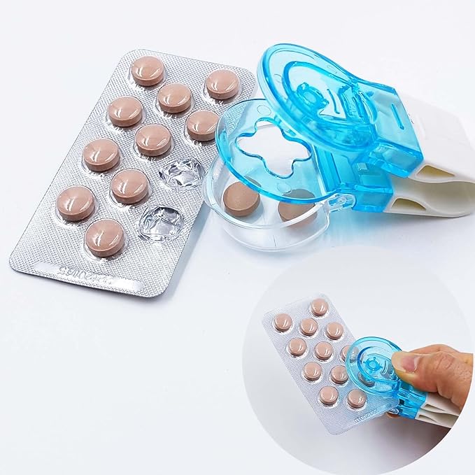 Portable Pill Remover Tool with Storage Case - 3-Pack Easy Push Blister Pack Opener, Mini Tablet Dispenser Gadget for Elderly, Travel, Arthritis Assistance (Blue)