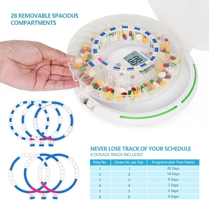 Automatic Pill Dispenser with Alarm, Flashing Light and Sound, 28 Day Pill Dispenser Machine for Elderly, Frosted Lid with Safety Lock, Medication Dispenser Improving Your Pills Privacy