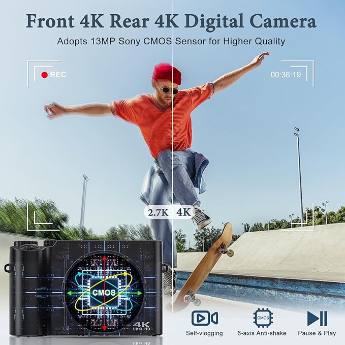 4K Digital Camera, 64MP Rear and Front Camera for Photography and Video Autofocus Anti-Shake, 3'' Selfie Flip Vlogging Camera with Ultra Bright Flash, Camera with Dial 16X Zoom (2 Batteries+Charger)