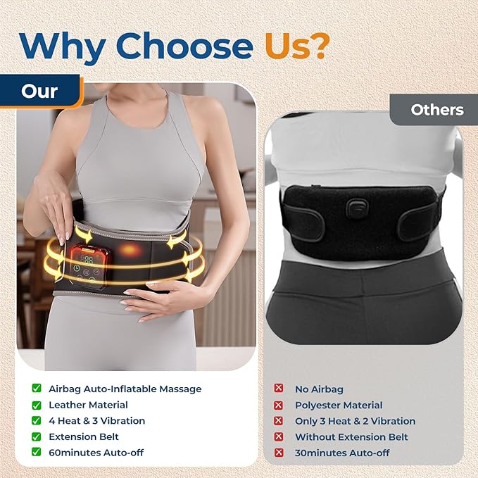 Heating Pad for Back with Auto-Inflatable Massager, 58’’ Cordless Lower Back Massager with 3 Vibration and 4 Heat, Portable Heated Pads for Back Pain Relief, Gifts for Women Men Family