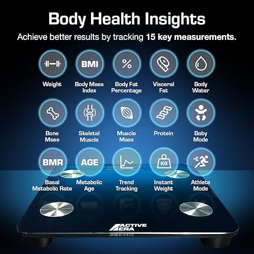 Active Era Digital Bathroom Bluetooth Scales Weight and Body Fat - Fit Track Scale Calculates BMI, Body Fat Percentage, Muscle Mass - Apple Health, Google Fit & Fitbit Compatibility (Black)