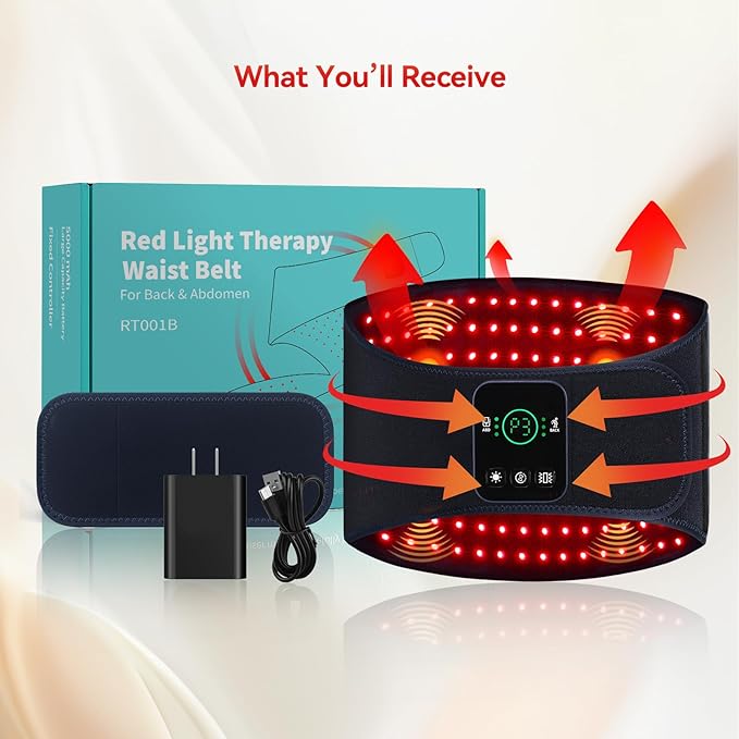 Red Light Therapy Belt for Body, Cordless Infrared Therapy Belt for Back/Abdomen, Waist Wrap with Pulse/Vibration Massage & Timer, Pain Relief, Muscle Relaxation & Circulation Boost, Gift for Parents