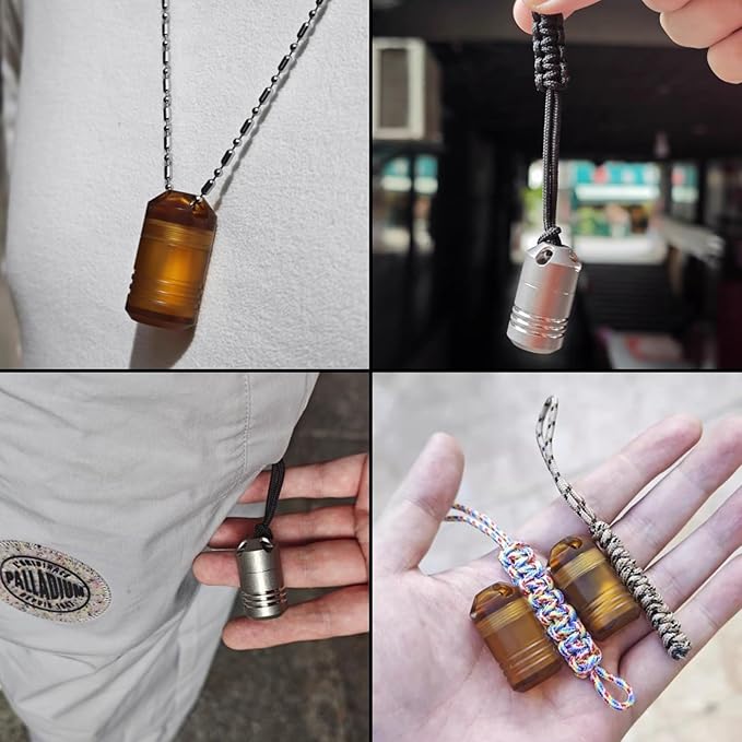 Titanium PEI Pill Container with Keychain & Necklace,Waterproof Pill Box, EDC Portable Pill Container for Portable Mini Size Pill Box Case for Outdoor Travel Camping (Ti-Cylinder)