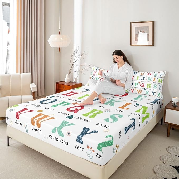 ABC Alphabet Fitted Sheet Queen Size, Learning Educational Bedding Set Cute Cartoon Funny Positive Words Bed Sheet Set for Kids Toddler Educational Bed Cover 3Pcs (No TOP Sheet)