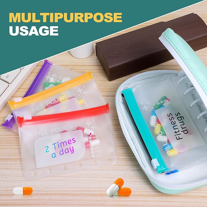 Water-Proof Pill Pouch Set， Large Pill Organizer, Pill Loose-Leaf Storage with Color-Coded Medicine Pouches,BPA Free, Reusable Travel Medicine Organizer， Zippered Pill Organizers Weekly