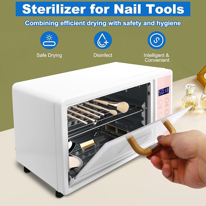 Sterilizer for Nail Tools, 10L Multifunctional Nail Tool Cleaning Machine, Nail Tool Sterilizer with 167℉ Hot Air, Adjustable Tiers, LED Display, For Hair, Salon, Spa, Nail, Salon (Pink)
