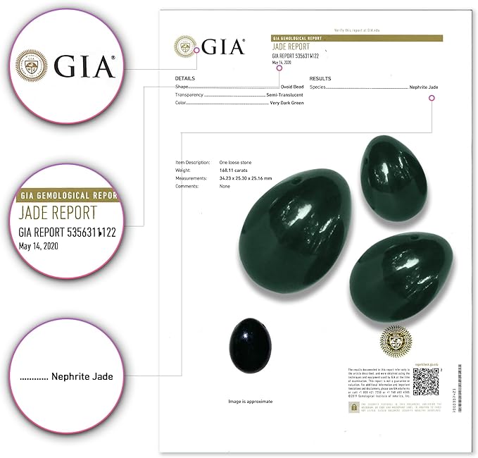 GIA Certified Yoni Stones Nephrite Jade Set of 3 | Pelvic Floor Exercise Devices Drilled with String | Kegel Weights for Woman | Includes eCourse & Gift Box