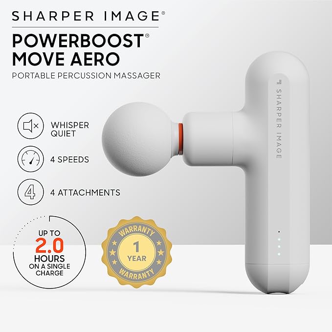 Sharper Image Powerboost Move Aero [New 2026 Version] Mini Deep Tissue Percussion Massage Gun| Muscle Recovery & Pain Relief Massage Tool| Full Body Back & Shoulder Massager| Gift for Men Women