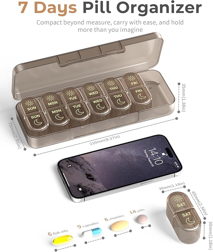 Weekly Pill Organizer 2 Times a Day, 7-Day AM PM Pill Box, Travel Pill Case, Medicine Pill Organizer for Fish Oils, Vitamins & Supplements