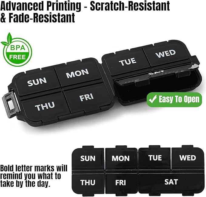 7 Day Compact Pill Organizer, Foldable Portable Travel Pill Box with Double Protection, Daily Small Pill Case Dispenser for Medication, Vitamins, Supplements (Black)