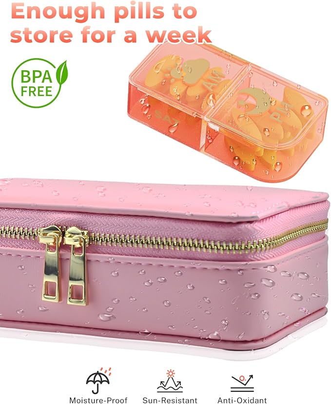 Pill Organizer 2 Times a Day (AM PM), Weekly Pill Box with PU Leather Case, Stylish Portable Medicine Organizer for Purse, Vitamins & Supplements (Pink)