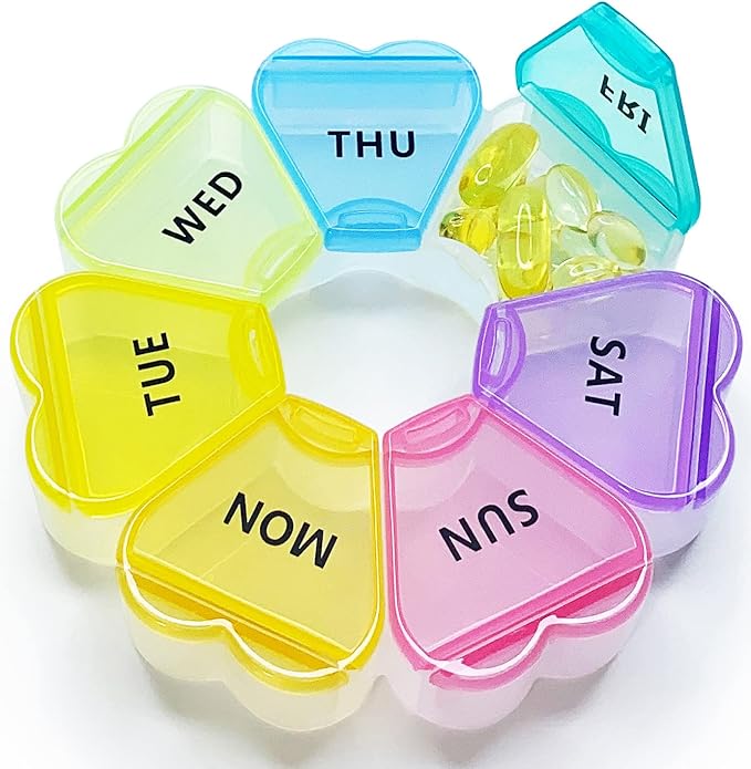 MOLN HYMY Cute Weekly Pill Box 7 Day, Heart Shaped Pill Case Organizer 1 time a Day, Purple Pink Pill Container Once Daily, Large Medicine Dispenser for Vitamin/Fish Oil/Medication/Supplements