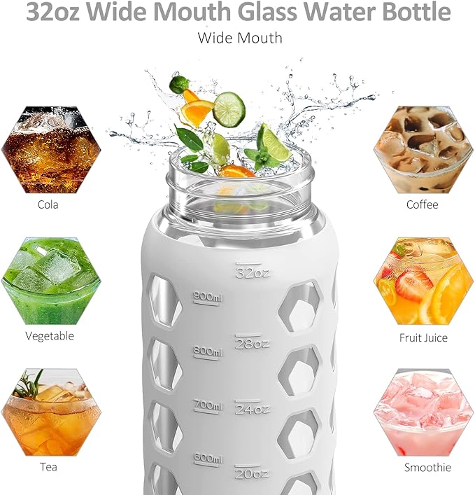 MUKOKO 32oz Glass Water Bottles with 2 Lids-Handle Spout Lid&Bamboo Straw Lid, Motivational Water Tumbler with Time Marker Reminder and Silicone Sleeve, Leakproof-White-1 Pack