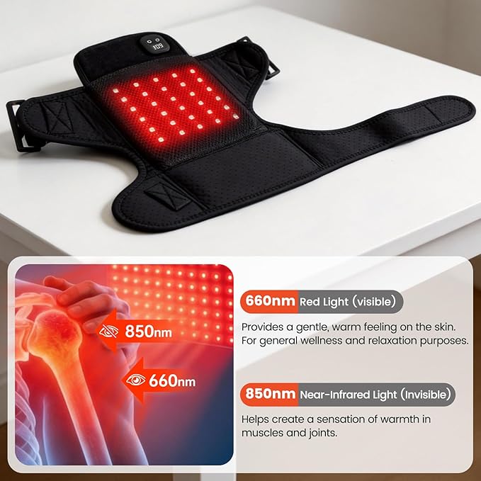 Cordless Red Light Therapy Shoulder Heating Pad, 660nm & 850nm Infrared Light Portable Shoulder Wrap with 3 Modes, 3000mAh Rechargable Shoulder Brace for Athletes Elderly