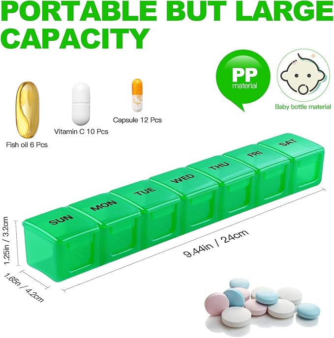 Pill Organizer XL Extra Large Weekly and Daily Pill Cases for Pills/Vitamin/Fish Oil/Supplements (Green)