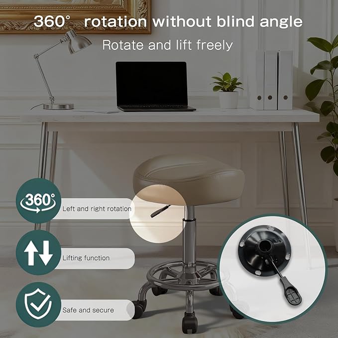 Saddle Stool, Adjustable Height Ergonomic Swivel Chair with Wheels, PU Leather Saddle Seat with Ring Pedal for Salon, Massage, Clinic, Lab, and Office